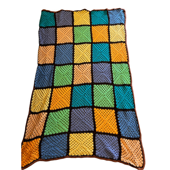 Handmade Afghan Blanket Color 60x40 Blocked Crochet Knit Orange Blue Green - Picture 1 of 14